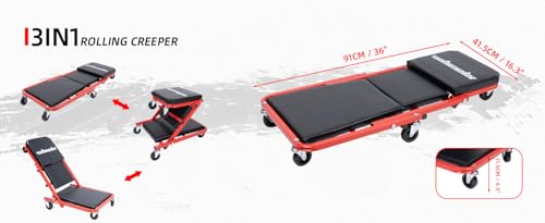 Mechanic Creeper 36-inch 3-in-1 Mode Z Seat 340lbs Capacity, Foldable Garage Adjustable Rolling Folding with 6pcs Wheels Roller, Lay Down Sit Lean Back, Under Car Auto Repair (Red Frame) - color: Red