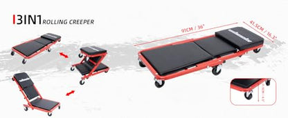 Mechanic Creeper 36-inch 3-in-1 Mode Z Seat 340lbs Capacity, Foldable Garage Adjustable Rolling Folding with 6pcs Wheels Roller, Lay Down Sit Lean Back, Under Car Auto Repair (Red Frame) - color: Red