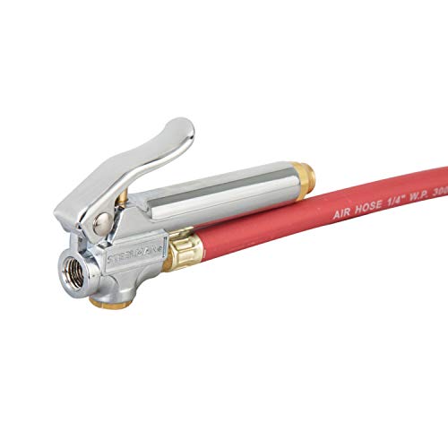Steelman Straight Air Chuck Tire Inflator with Built-in Gauge and 12-inch Hose, Measures 10-90 PSI, Push-on Chuck, Steel Casing with Brass Fittings - color: Red