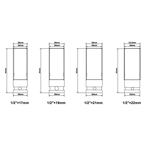 CASOMAN 1/2- Inch Drive Wheel Protector Impact Socket, 1/2" Thin Wall Deep Impact Socket Set Plastic Sleeve Lug Nut, 4 Pieces Set, 6 Point,Metric, 17mm,19mm,21mm,22mm - size: 4pcs