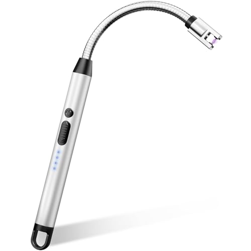 VEHHE Electric Candle Lighter, Plasma Arc Windproof BBQ Lighters with Touch Lock, Electric Lighter USB C Rechargeable with 360° Flexible Neck for Fireworks Camping Festivals (Silver) - color: Silver