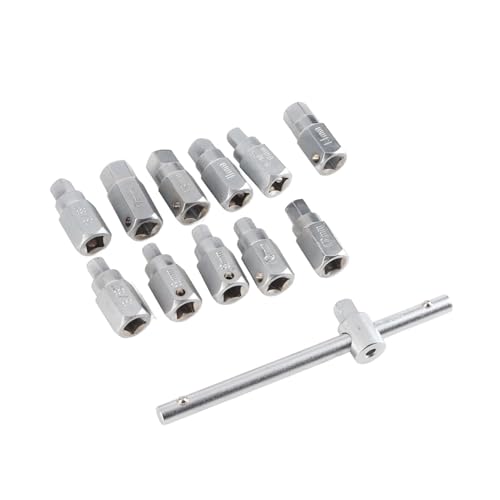 12 Pcs Drain Plug Key Socket Set, Steel Axle Oil Sump Spanner Wrench with T-Bar and Multiple Hex Sizes for Engine, Gear Box & Back Axle Oil Drain Plug Removal