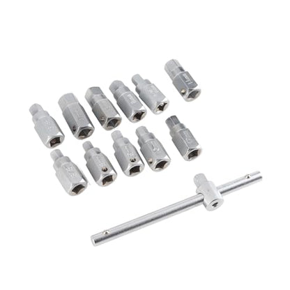 12 Pcs Drain Plug Key Socket Set, Steel Axle Oil Sump Spanner Wrench with T-Bar and Multiple Hex Sizes for Engine, Gear Box & Back Axle Oil Drain Plug Removal