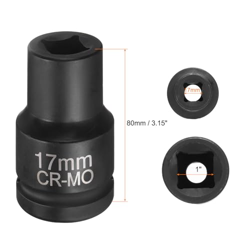 HARFINGTON 4 Point Square Socket 1" Drive 17mm Metric Square Impact Socket CR-MO Blackening Standard Wheel Sleeve Pneumatic Sleeve Tool for Auto Repair Mechanical Maintenance Home Use - size: 1"/17mm