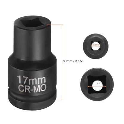 HARFINGTON 4 Point Square Socket 1" Drive 17mm Metric Square Impact Socket CR-MO Blackening Standard Wheel Sleeve Pneumatic Sleeve Tool for Auto Repair Mechanical Maintenance Home Use - size: 1"/17mm