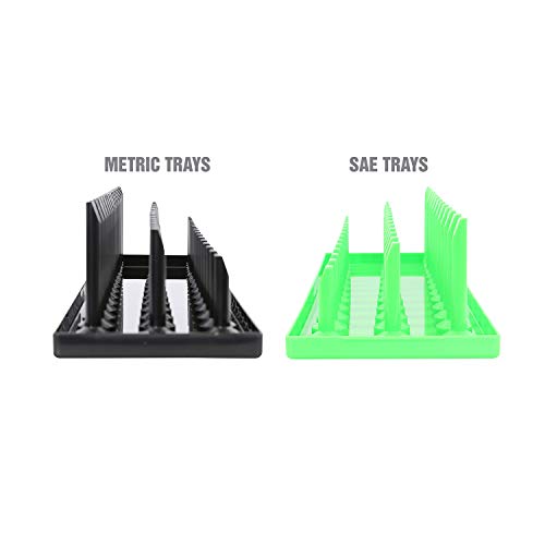 OEMTOOLS 22337 3-Post SAE And Metric Socket Tray Set, 6 Piece, Deep, Shallow, And Impact 3 Row Socket Organizer for Tool Box Drawer, 1/4, 3/8 and 1/2 Inch Drive, SAE And Metric, Black, Green - size: 6 Piece SAE and Metric
