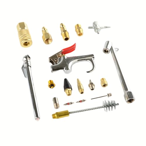 ATE Pro. Tools - 18pc Air Compressor Accessories Kit, Includes Blow Gun, Tire Inflator, Brass Fittings, Brass 1/4" NPT Fittings, Inflation Needles, Wire Brush, Quick Coupler, Adaptors, Air Gauge