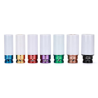 Mayouko 7PCS 1/2 Inch Drive Lug Nut Deep Impact Socket Set,Thin-Walled Wheel Rim Protector Socket,Color Coded,Metric,CR-MO