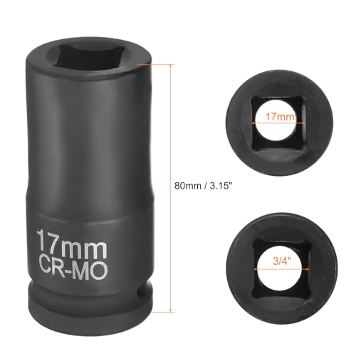 HARFINGTON 4 Point Square Socket 3/4" Drive 17mm Metric Square Impact Socket CR-MO Blackening Standard Wheel Sleeve Pneumatic Sleeve Tool for Auto Repair Mechanical Maintenance Home Use - size: 3/4"/17mm
