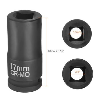 HARFINGTON 4 Point Square Socket 3/4" Drive 17mm Metric Square Impact Socket CR-MO Blackening Standard Wheel Sleeve Pneumatic Sleeve Tool for Auto Repair Mechanical Maintenance Home Use - size: 3/4"/17mm