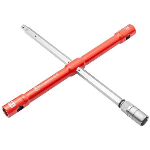 Powerbuilt Universal Compact Lug Wrench Set – 4-Way Tire Iron with 17mm, 19mm, 21mm Built-in Sockets, High-Torque Breaker Bar, Chrome Vanadium Steel, Portable Emergency Car Tool w/Pouch 643180ECE