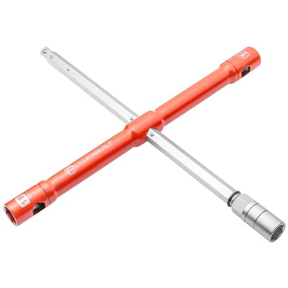 Powerbuilt Universal Compact Lug Wrench Set – 4-Way Tire Iron with 17mm, 19mm, 21mm Built-in Sockets, High-Torque Breaker Bar, Chrome Vanadium Steel, Portable Emergency Car Tool w/Pouch 643180ECE