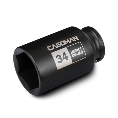 CASOMAN 1/2" Drive x 34 mm Deep 6 PT Impact Socket, CR-MO, 1/2-inch Drive 6 Point Axle Nut Socket for Easy Removal of Axle Shaft Nuts (34MM) - size: 34 mm (Deep), style: 6-Point Socket