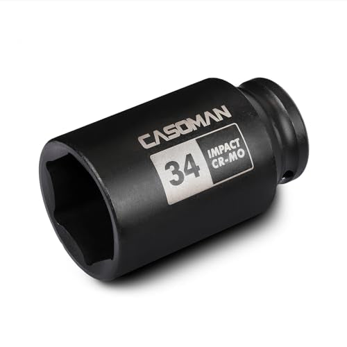CASOMAN 1/2" Drive x 34 mm Deep 6 PT Impact Socket, CR-MO, 1/2-inch Drive 6 Point Axle Nut Socket for Easy Removal of Axle Shaft Nuts (34MM) - size: 34 mm (Deep), style: 6-Point Socket