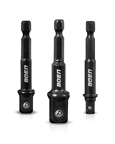BOEN Impact Grade Socket Adapter Set, 3-PCS Drill Bit Adapter with Bit Holder, Sizes 1/4", 3/8", 1/2", 1/4-Inch SAE Hex Shank, Cr-V with Black Phosphate Finish - size: 3PCS SAE (UPGRADE)