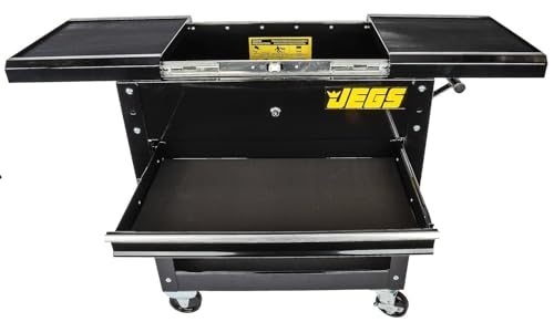 JEGS Heavy-Duty Tool Box Cart | 220 LBS Capacity | Uses Four 4" Caster Wheels | Includes 2 Keyes and 6 Drawer Liners | Black with JEGS Logo | 2 Locking Drawers | Sliding Top