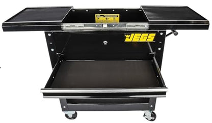 JEGS Heavy-Duty Tool Box Cart | 220 LBS Capacity | Uses Four 4" Caster Wheels | Includes 2 Keyes and 6 Drawer Liners | Black with JEGS Logo | 2 Locking Drawers | Sliding Top