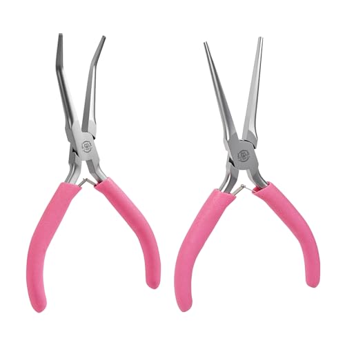 MANUFORE 2-Piece 6 Inch Pink Mini Needle Nose Pliers, Straight and 45° Bent | Non‑Serrated Smooth Jaw, Comfort Grip for Better Control, Spring-Assisted Opening Design, Suitable for small hands - color: Pink