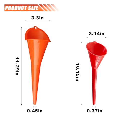 JOYCOURT 2PCS Long Neck Oil Funnels, Multi-Purpose Spill Saver Funnel | Plastic Funnel for Filling Automotive Oil Lubricants Engine Oils Water Diesel Fuel Kerosene & Other Liquids, Small Red+Orange