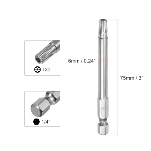 HARFINGTON 2pcs T30 Security Torx Bit 1/4" Hex Shank 3" Long S2 Steel Magnetic Tamper Resistant Star Bits Screwdriver Torx Head with Hole for Driver Drill Bits Remove Fastening Screws - size: T30