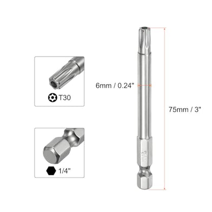 HARFINGTON 2pcs T30 Security Torx Bit 1/4" Hex Shank 3" Long S2 Steel Magnetic Tamper Resistant Star Bits Screwdriver Torx Head with Hole for Driver Drill Bits Remove Fastening Screws - size: T30