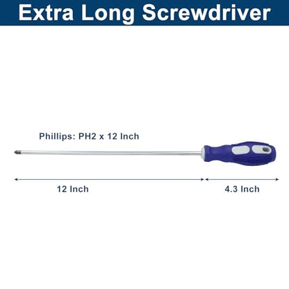 12-Inch Extra Long Phillips Screwdriver, PH2 Magnetic Tip Cross-head Screwdriver with Blue Rubber Handle (6x300mm) - size: Phillips (Blue)