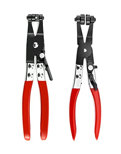 QWORK Hose Clamp Pliers Set, 2-Piece Auto Locking Clamps, Flat & 45 Angled Belt Hose Repair Tool