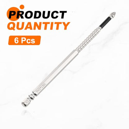 HARFINGTON 6pcs Impact Phillips Screwdriver Bit PH2 (#2) Anti Slip Tip 1/4" Hex Shank 6" (150mm) Long Magnetic Cross Screw Driver Industrial Power Drill Bits for Remove Fastening Screws - size: 6 inch