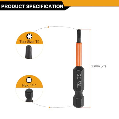 HARFINGTON 3pcs T9 Torx Head Screwdriver Bit 2" (50mm) Long 1/4" Hex Shank Magnetic No Hole Tamper Proof 6 Point Star Screw Driver Drill Bits Phosphate S2 Steel Industrial Power Tools - size: T9 x 50mm