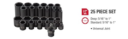 SUNEX TOOLS 3325 3/8-Inch Drive SAE Master Impact Socket Set., Standard/Deep, 6-Point, Cr-Mo, 5/16-Inch - 1-Inch, 25-Piece