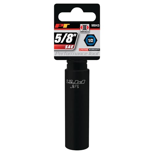 Performance Tool M843 1/2 Drive Impact Socket, 5/8 - Chrome Vanadium, 6 Point Deep Steel Socket for Heavy Duty Automotive and DIY Applications - size: 5/8", style: Deep Wall Impact