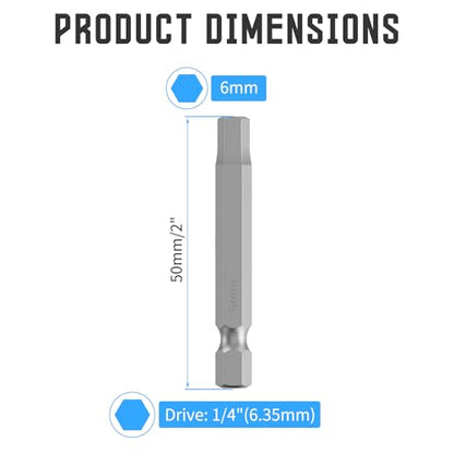 5 Pcs H6 S2 Steel Hex Bit, 6mm, 50mm Length, 1/4" Shank | Magnetic Hex Allen Wrench Screwdriver Bit, 1/4" Hex Shank, Impact Driver Bit for Furniture, Auto Repair & DIY - size: H6, style: 50mm