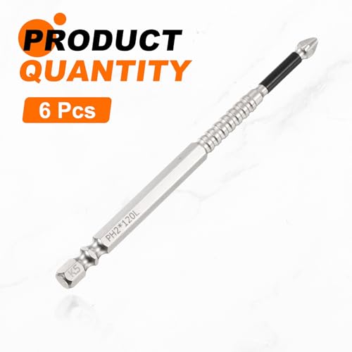 HARFINGTON 6pcs Impact Phillips Screwdriver Bit PH2 (#2) Anti Slip Tip 1/4" Hex Shank 4.72" (120mm) Long Magnetic Cross Screw Driver Industrial Power Drill Bits for Remove Fastening Screws - size: 4.72 inch