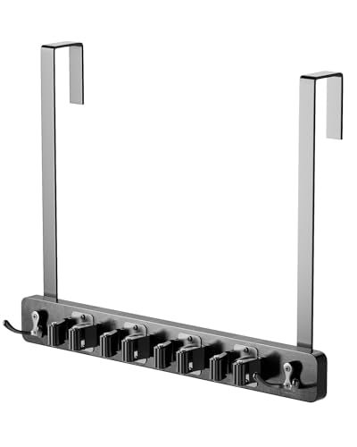 Mop and Broom Holder Wall Mount, No Drill Over the Door Broom and Mop Holder with 4 Slots and 4 Hooks, Wood Tool Hanger for Laundry, Cabinet, Kitchen, Garage - color: Black