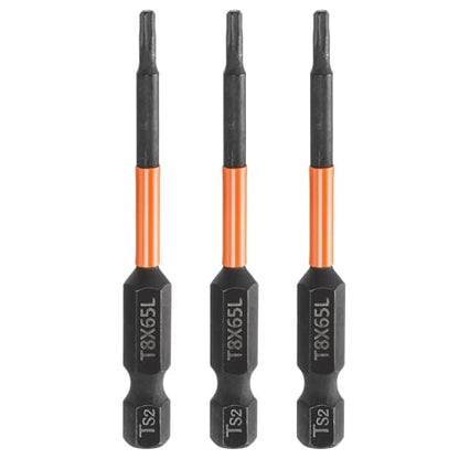 HARFINGTON 3pcs T8 Torx Head Screwdriver Bit 2.56" (65mm) Long 1/4" Hex Shank Magnetic No Hole Tamper Proof 6 Point Star Screw Driver Drill Bits Phosphate S2 Steel Industrial Power Tools - size: T8