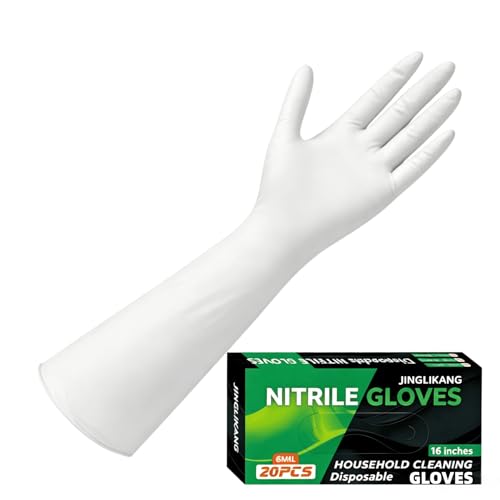 16 inch Nitrile Disposable Gloves Long Sleeved Blue 6Mil Durable Waterproof Latex Free Cleaning Dishwashing 50PCS - color: White, size: Medium