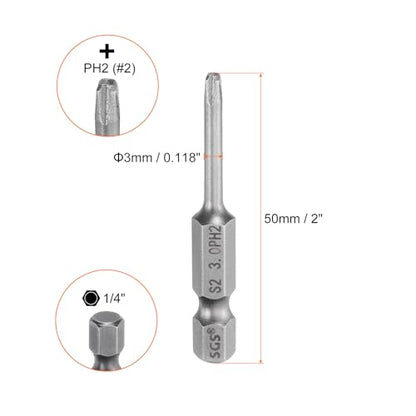HARFINGTON 5pcs #2 Phillips Screwdriver Bit PH2 1/4" Hex Shank 2" (50mm) Long Magnetic S2 Steel Industrial Grade Screw Driver Bit Cross Head Electric Drill Bits 0.118" (3mm) Rod - size: PH2 x 50mm x 3mm