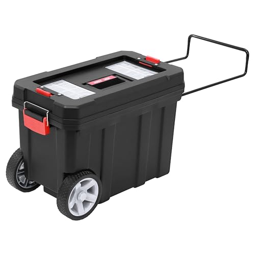 MAXPOWER Rolling Tool Box with Wheel, Lockable Deep Tool Box | 8 Gallon Storage Capacity Black Toolbox with Removable Tray and Latches - size: 16", style: 8-gallon Rolling tool box