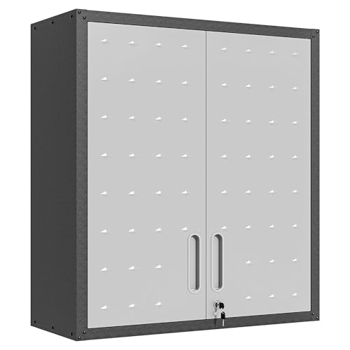 Metal Storage Cabinet for Garage, Tool Cabinet, Utility Cabinet | Wall Mounted, Hanging Tool Cabinet, Lockable, 2 Doors, Adjustable Shelves, Assembly Required, Black & Grey - color: Black & Grey
