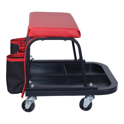 Rolling Mechanic Garage Stool on Wheels with Padded Cushion, Tool Tray Storage and Side Pockets, 300 LBS Capacity, Red - color: Red