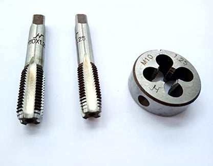 AtticZone M10 x 1.25 Metric Hand Thread Tap and Die Set, Right Hand 10 * 1.25, Alloy Tool Steel, 1 Taper Tap, 1 Plug Tap, 1 Round Die for Metal Working DIY Industrial - size: M10x1.25