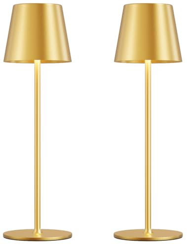 Cordless Table Lamp Rechargeable Gold - KK 2 Pack 5000mAH Battery Operated Lamp for Dining Table, 3 Color Stepless Dimming Wireless Lamp for Counter, Outdoor Patio, Touch Control, Water Repellent - color: Gold 1, size: 2 Pack 14in - Down Light