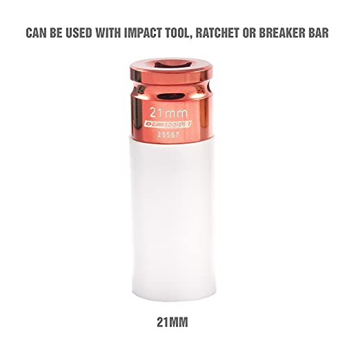 OEMTOOLS 25567 21MM Lug Nut Socket, 21 mm Socket 1/2 Drive for Wheel Service, Non-Marring Sleeve, Thin Wall, CR-MO Steel for Impact Tools, 400 Ft-Lb Max Torque - size: 21mm (1 Piece)