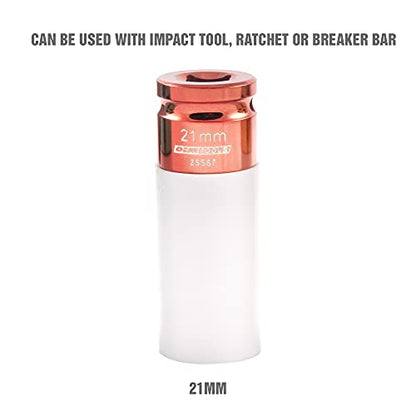 OEMTOOLS 25567 21MM Lug Nut Socket, 21 mm Socket 1/2 Drive for Wheel Service, Non-Marring Sleeve, Thin Wall, CR-MO Steel for Impact Tools, 400 Ft-Lb Max Torque - size: 21mm (1 Piece)