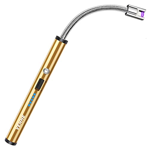 VEHHE Long Lighter, Rechargeable USB Arc Lighter with LED Battery Display Flexible Neck Lighters for Candles Grill Gas Stoves Camping Barbecue - color: Gold