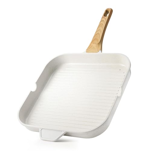 SENSARTE Nonstick Ceramic Grill Pan for Stove Tops, Square Grilling Pan with Pour Spouts, Non Toxic Durable Grill Skillet for All Stoves(Gas,Electric,Induction) PTFE,PFAS,PFOA Free, 12Inch (White) - color: White Ceramic, size: 12 Inch