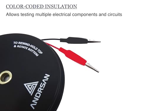 2 Wire 30’ Retractable Test Leads with 2” Alligator Clips, 18 Gauge Electrical Copper Wire, Impact-Resistant Reel, Black