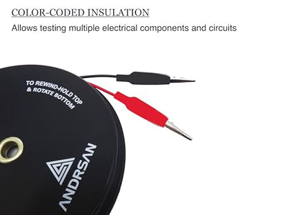 2 Wire 30’ Retractable Test Leads with 2” Alligator Clips, 18 Gauge Electrical Copper Wire, Impact-Resistant Reel, Black