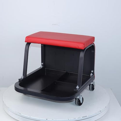 Rolling Mechanic Garage Stool on Wheels with Padded Cushion, Tool Tray Storage and Side Pockets, 300 LBS Capacity, Red - color: Red