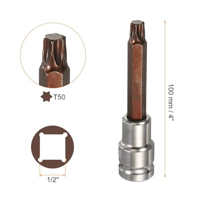 HARFINGTON Torx Bit Socket 1/2" Drive T50 S2 Steel 6 Point Head Long Screwdriver Drill Bits CR-V Steel Socket Adapter for Home Auto Axle Hex Nuts Bolts Repair - size: T50